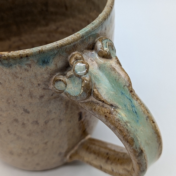 Handmade Earthenware Tan Green Blue Glazed Coffee Mug - Picture 5 of 9